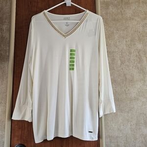 🔥 Jones New York Signature 3/4 Sleeve V-Neck Tee Ivory Size Large